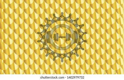 dumbbell icon inside gold shiny badge. Scales pattern. Vector Illustration. Detailed.