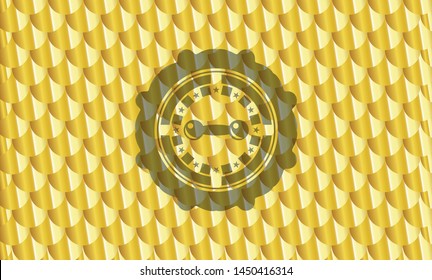 dumbbell icon inside gold shiny badge. Scales pattern. Vector Illustration. Detailed.
