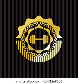 dumbbell icon inside gold shiny emblem