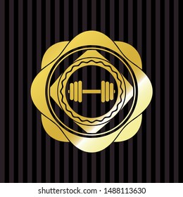 dumbbell icon inside gold shiny badge