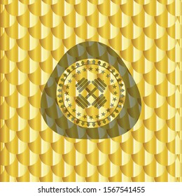 dumbbell icon inside gold shiny badge. Scales pattern. Vector Illustration. Detailed.
