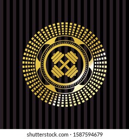 dumbbell icon inside gold shiny badge