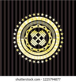 dumbbell icon inside golden badge