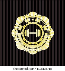 dumbbell icon inside golden emblem or badge