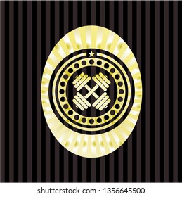dumbbell icon inside golden emblem or badge