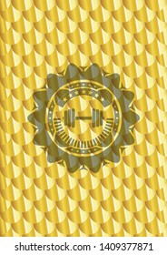 dumbbell icon inside golden emblem or badge. Scales pattern. Vector Illustration. Detailed.