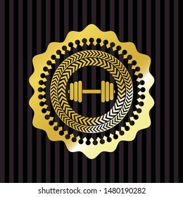 dumbbell icon inside golden emblem