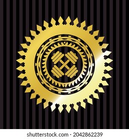 dumbbell icon inside golden emblem. 