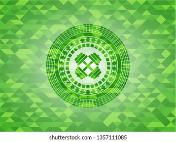 dumbbell icon inside green emblem with mosaic ecological style background