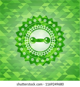 dumbbell icon inside green mosaic emblem