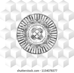 dumbbell icon inside grey badge with geometric cube white background