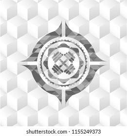 dumbbell icon inside grey badge with geometric cube white background