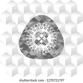 dumbbell icon inside grey badge with geometric cube white background
