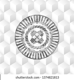 dumbbell icon inside grey badge with geometric cube white background