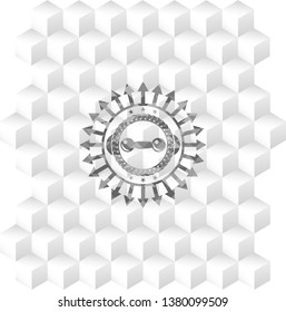 dumbbell icon inside grey badge with geometric cube white background