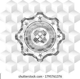 Hantel-Symbol in grauem Abzeichen mit geometrischem, weißem Hintergrund. 