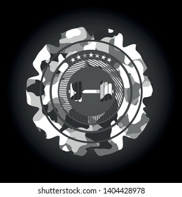 dumbbell icon inside grey camo emblem