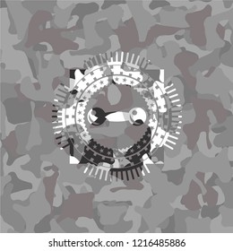 dumbbell icon inside grey camouflage texture