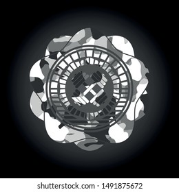 dumbbell icon inside grey camouflage texture