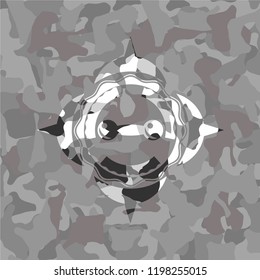 dumbbell icon inside grey camouflaged emblem