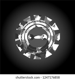 dumbbell icon inside grey camouflaged emblem