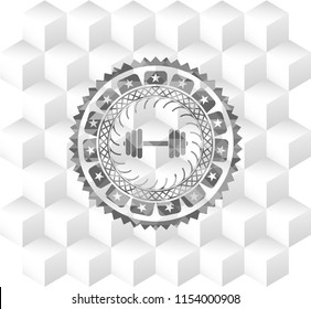 dumbbell icon inside grey icon or emblem with geometric cube white background