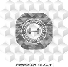 dumbbell icon inside grey emblem. Retro with geometric cube white background