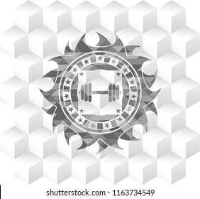 dumbbell icon inside grey icon or emblem with geometric cube white background