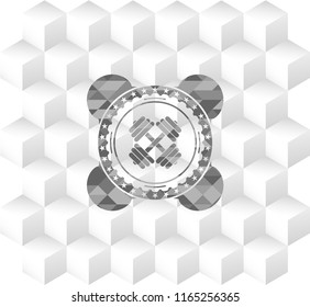 dumbbell icon inside grey emblem with geometric cube white background