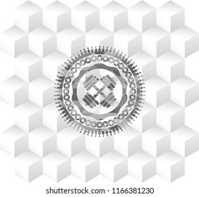 dumbbell icon inside grey emblem. Retro with geometric cube white background