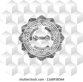 dumbbell icon inside grey emblem with cube white background