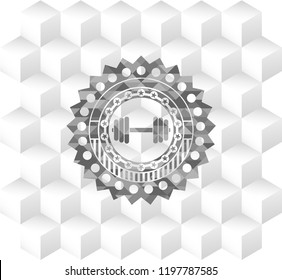 dumbbell icon inside grey emblem. Retro with geometric cube white background
