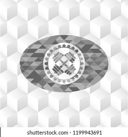 dumbbell icon inside grey icon or emblem with geometric cube white background