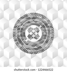 dumbbell icon inside grey emblem with geometric cube white background