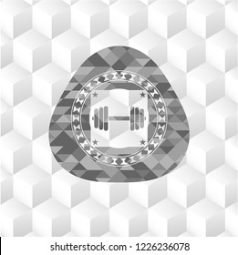 dumbbell icon inside grey emblem. Retro with geometric cube white background