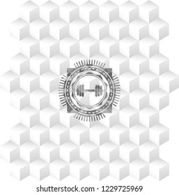 dumbbell icon inside grey emblem. Vintage with geometric cube white background