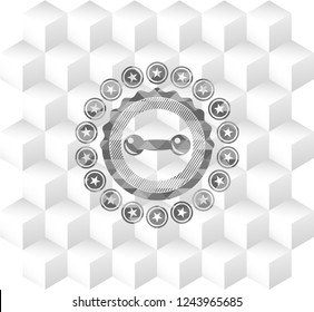 dumbbell icon inside grey icon or emblem with geometric cube white background