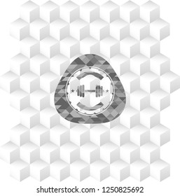 dumbbell icon inside grey icon or emblem with geometric cube white background