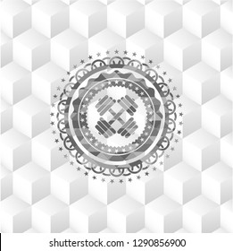 dumbbell icon inside grey emblem with cube white background