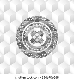 dumbbell icon inside grey emblem. Retro with geometric cube white background