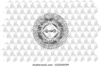 dumbbell icon inside grey emblem. Retro with geometric cube white background