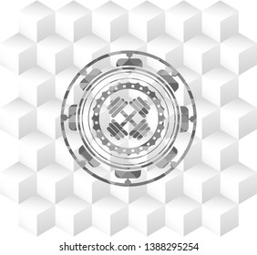 dumbbell icon inside grey emblem with geometric cube white background