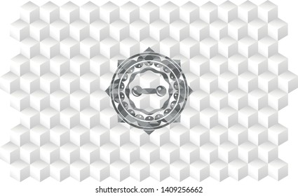 dumbbell icon inside grey icon or emblem with geometric cube white background