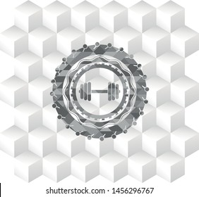 dumbbell icon inside grey icon or emblem with geometric cube white background