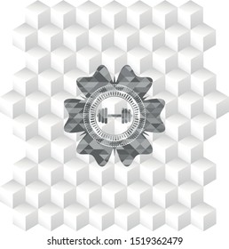 dumbbell icon inside grey emblem. Retro with geometric cube white background