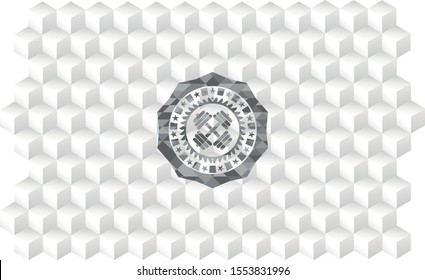 dumbbell icon inside grey icon or emblem with geometric cube white background