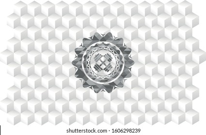 dumbbell icon inside grey emblem. Retro with geometric cube white background
