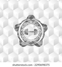 dumbbell icon inside grey emblem with cube white background. 