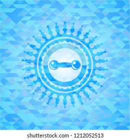  dumbbell icon inside light blue emblem with mosaic background