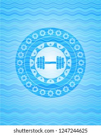 dumbbell icon inside light blue water style badge.